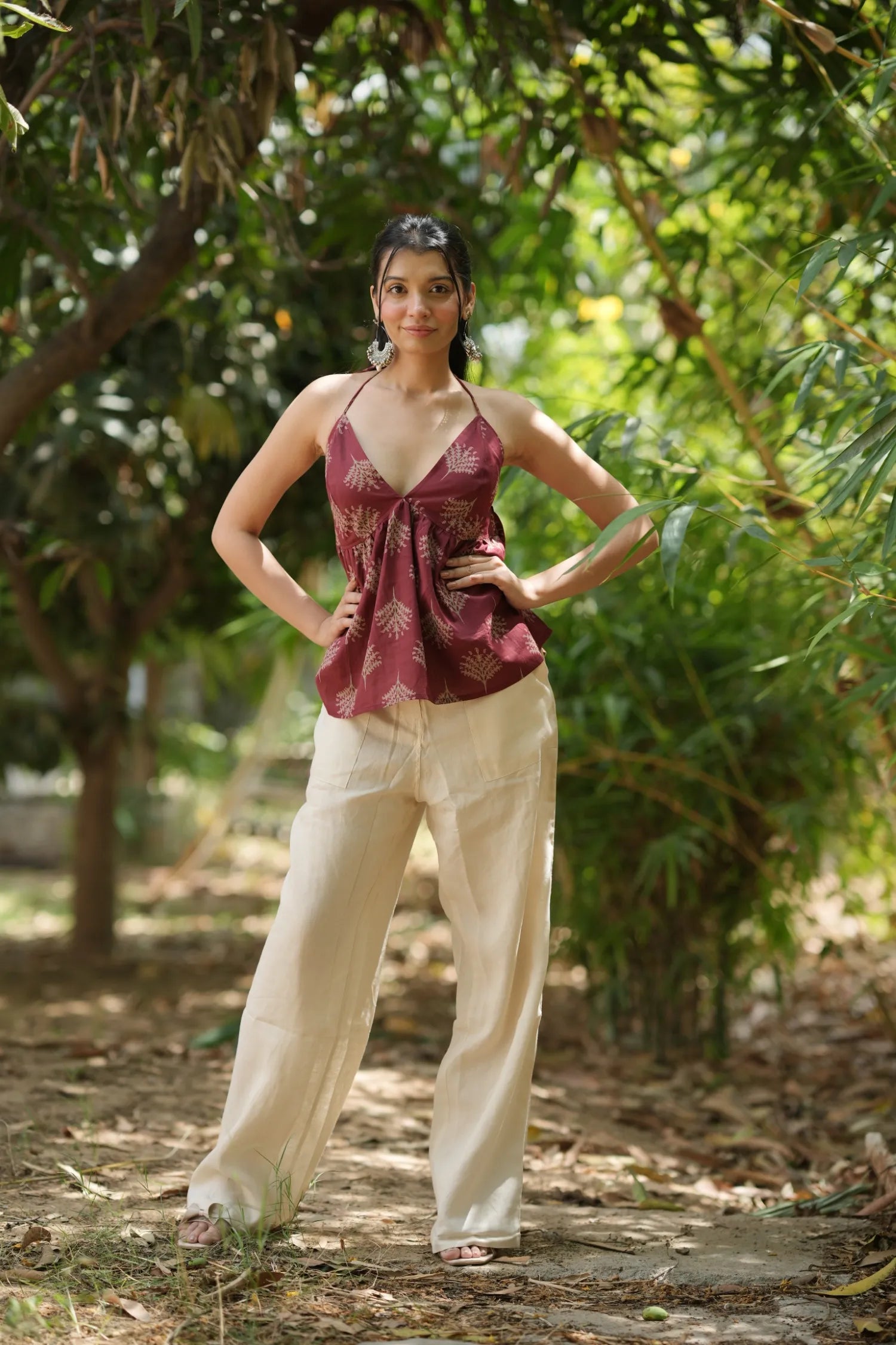 Wine Red Motif Halter Neck Top