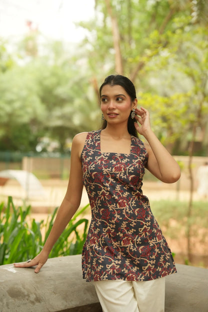 Navy Maroon Kalamkari Print Kurti