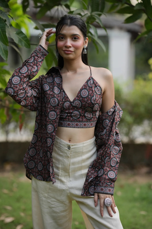 Black Ajrakh Bralette & Shirt Set