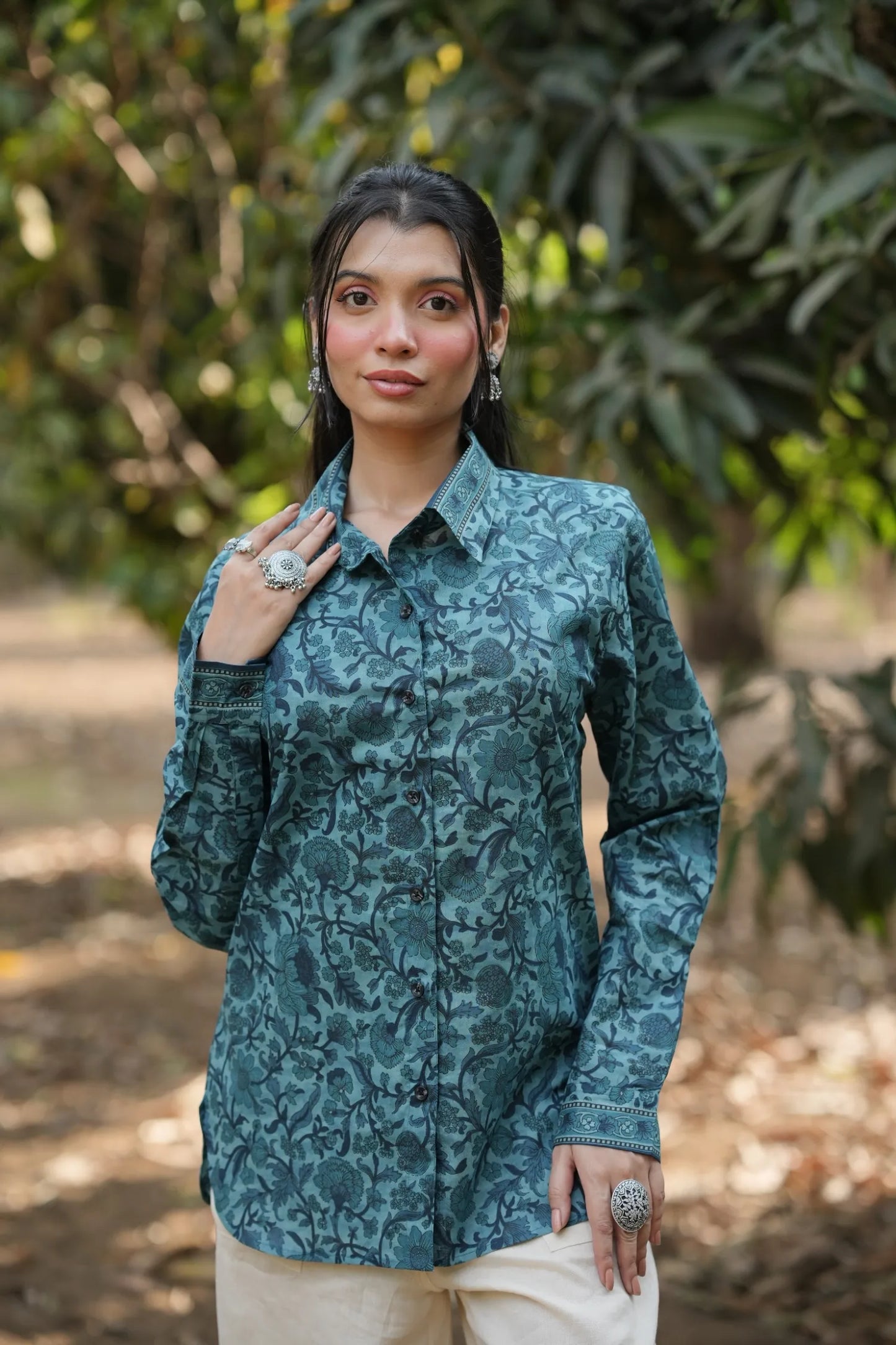 Teal Floral Cotton Shirt