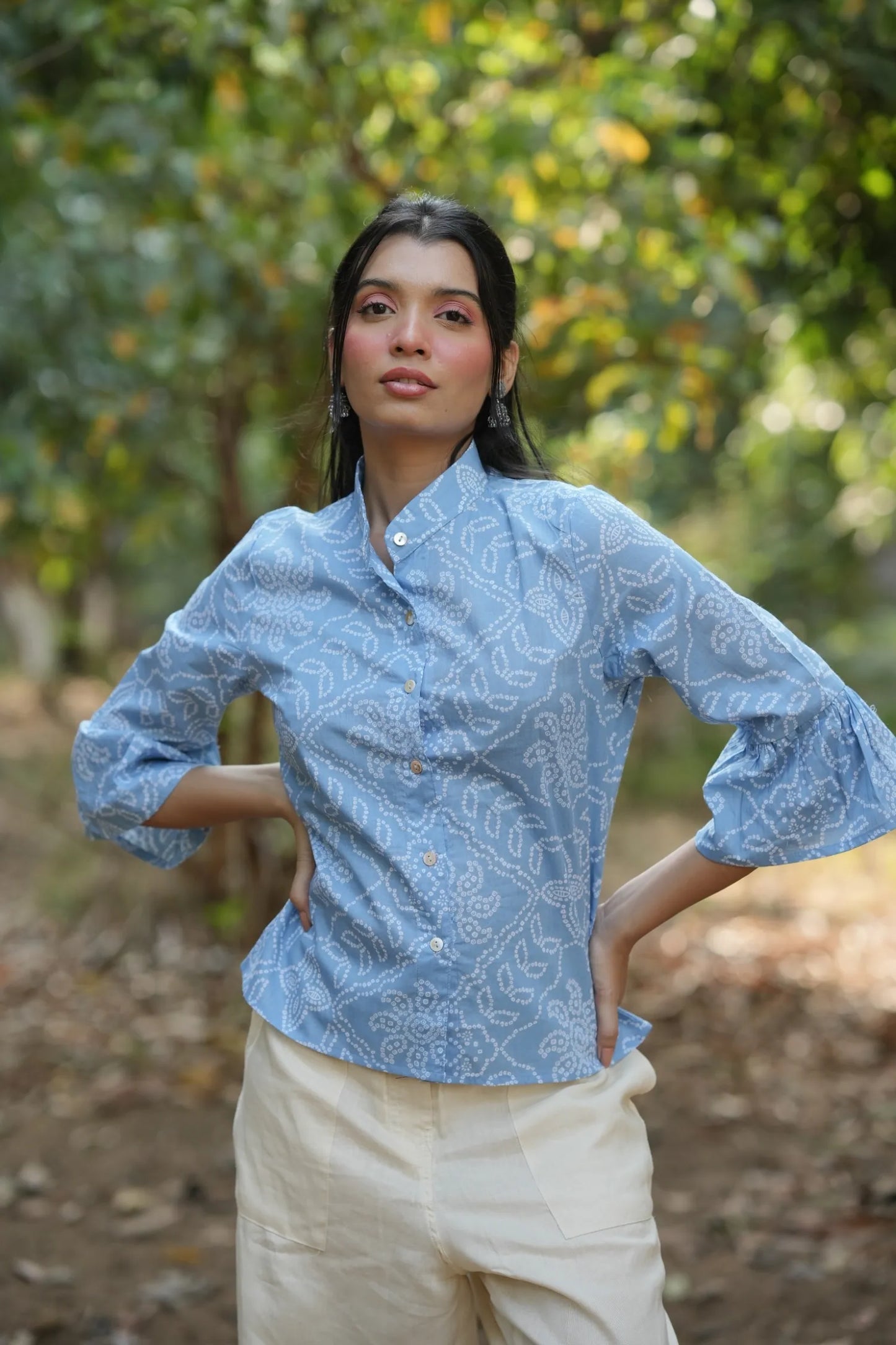 Sky Blue Bandhani Cotton Shirt