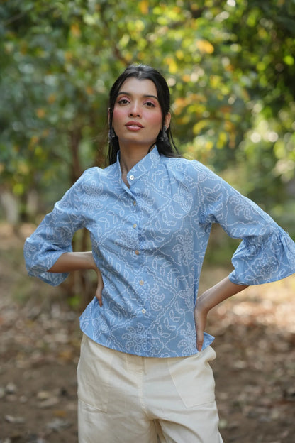Sky Blue Bandhani Cotton Shirt