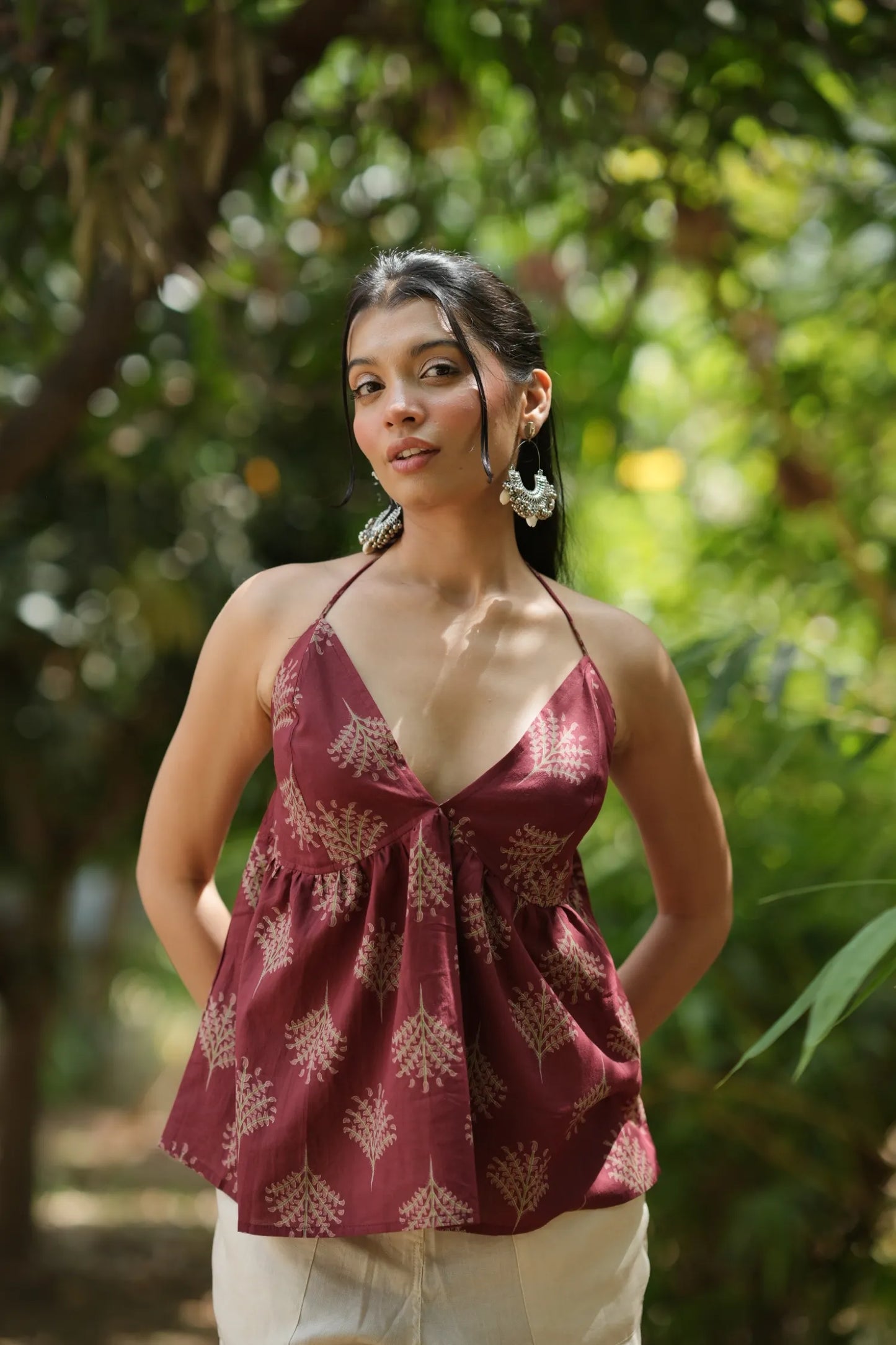 Wine Red Motif Halter Neck Top
