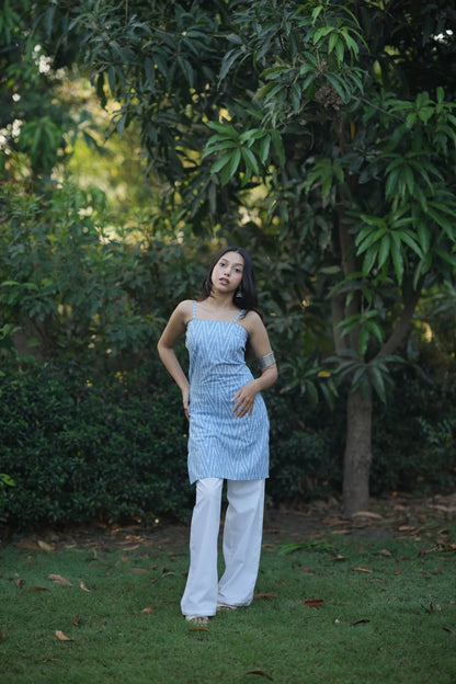 Dusty Blue Ikat Cotton Corset Kurti