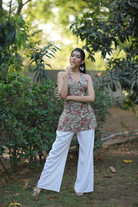 Pink & Beige Floral Halter Neck Corset Kurti