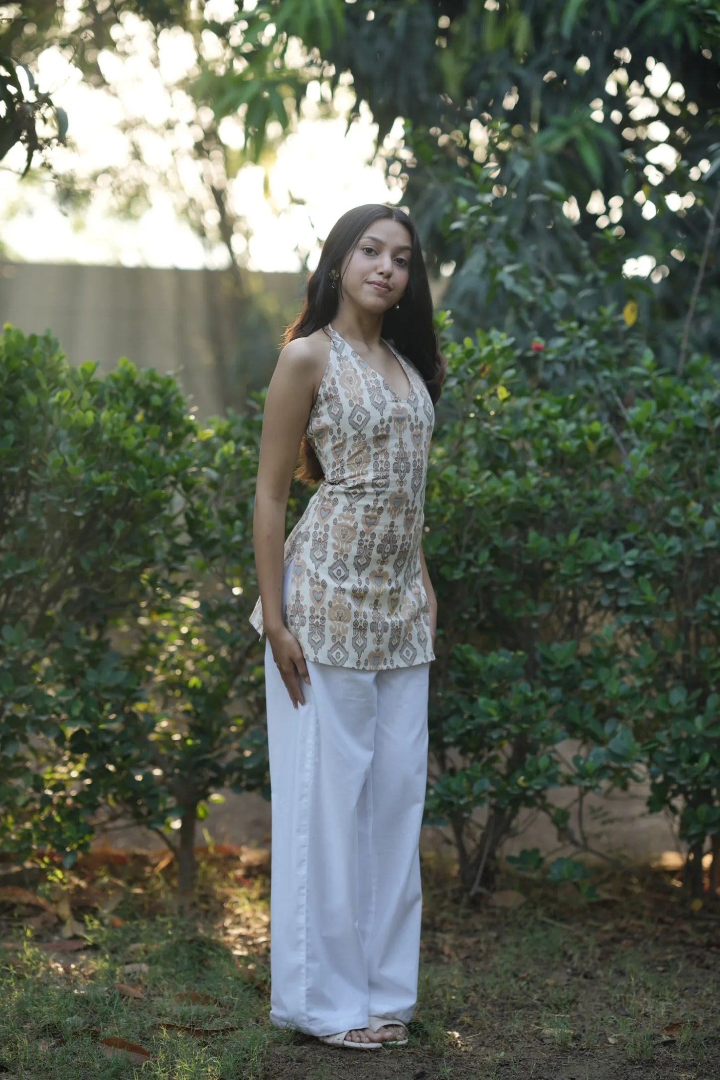 Ivory Beige Ikat Halter Neck Corset Kurti