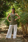 Olive Green Buta Sleeveless Corset Kurti