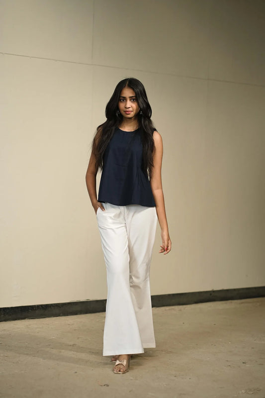 Navy Blue Handloom Cotton Sleeveless Top