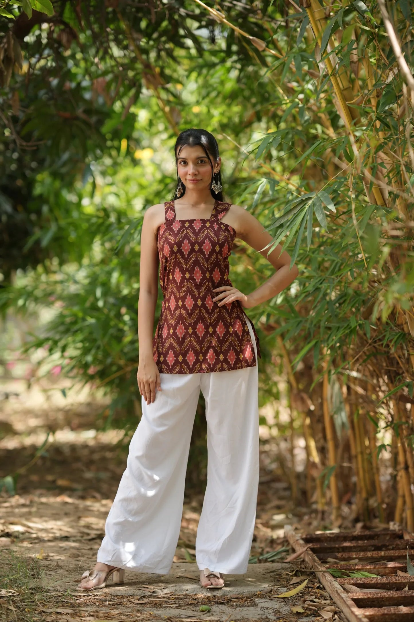 Rust Red Ikat Sleeveless Corset Kurti