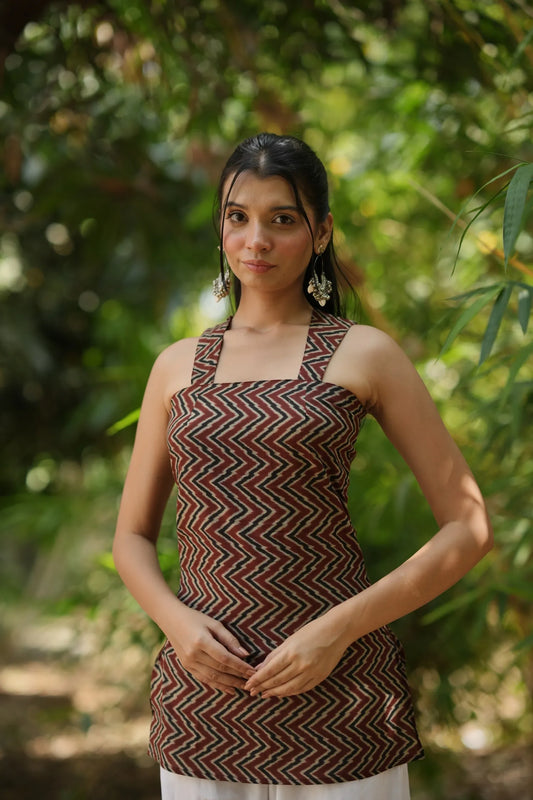 Brick Red Chevron Sleeveless Corset Kurti