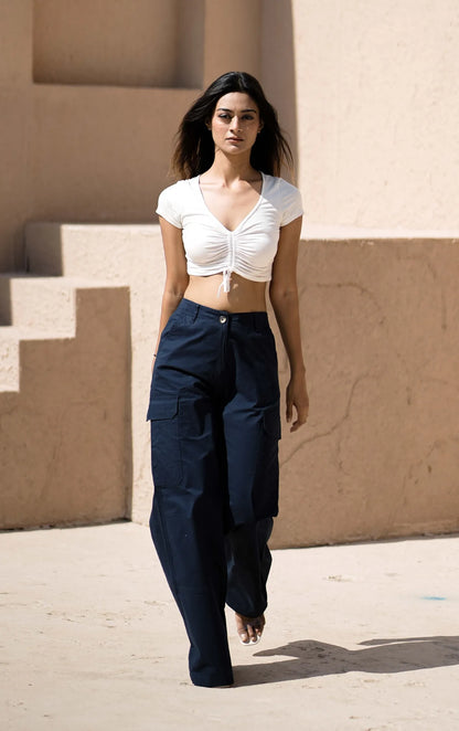 Women’s Wide-Leg Cargo Pants with Back Belt Navy