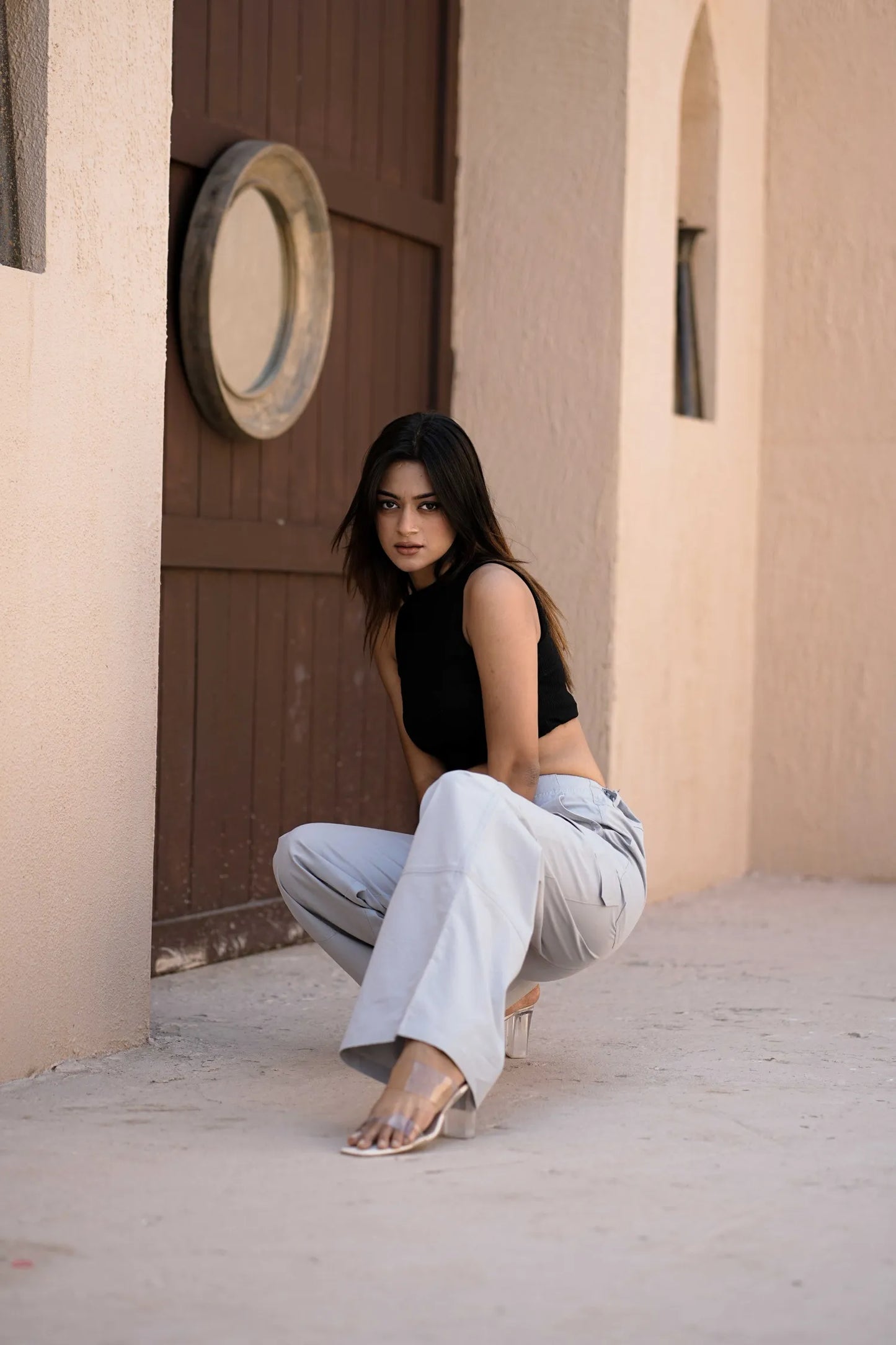 Women’s Wide-Leg Cargo Pants with Back Belt Ice Blue