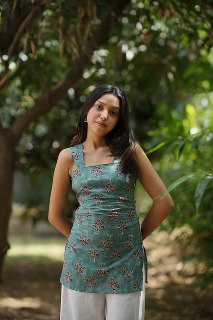 Blue Haze Floral Sleeveless Corset Kurti