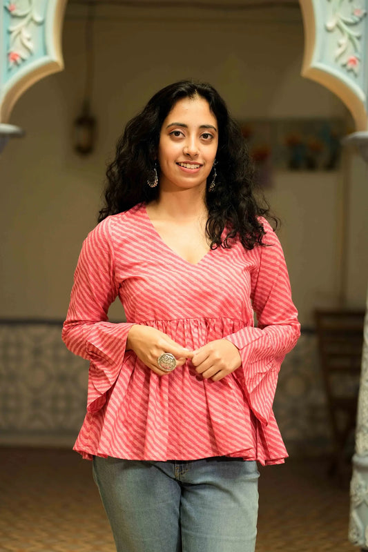 Women’s Pink Leheriya Peplum Top with Bell Sleeves