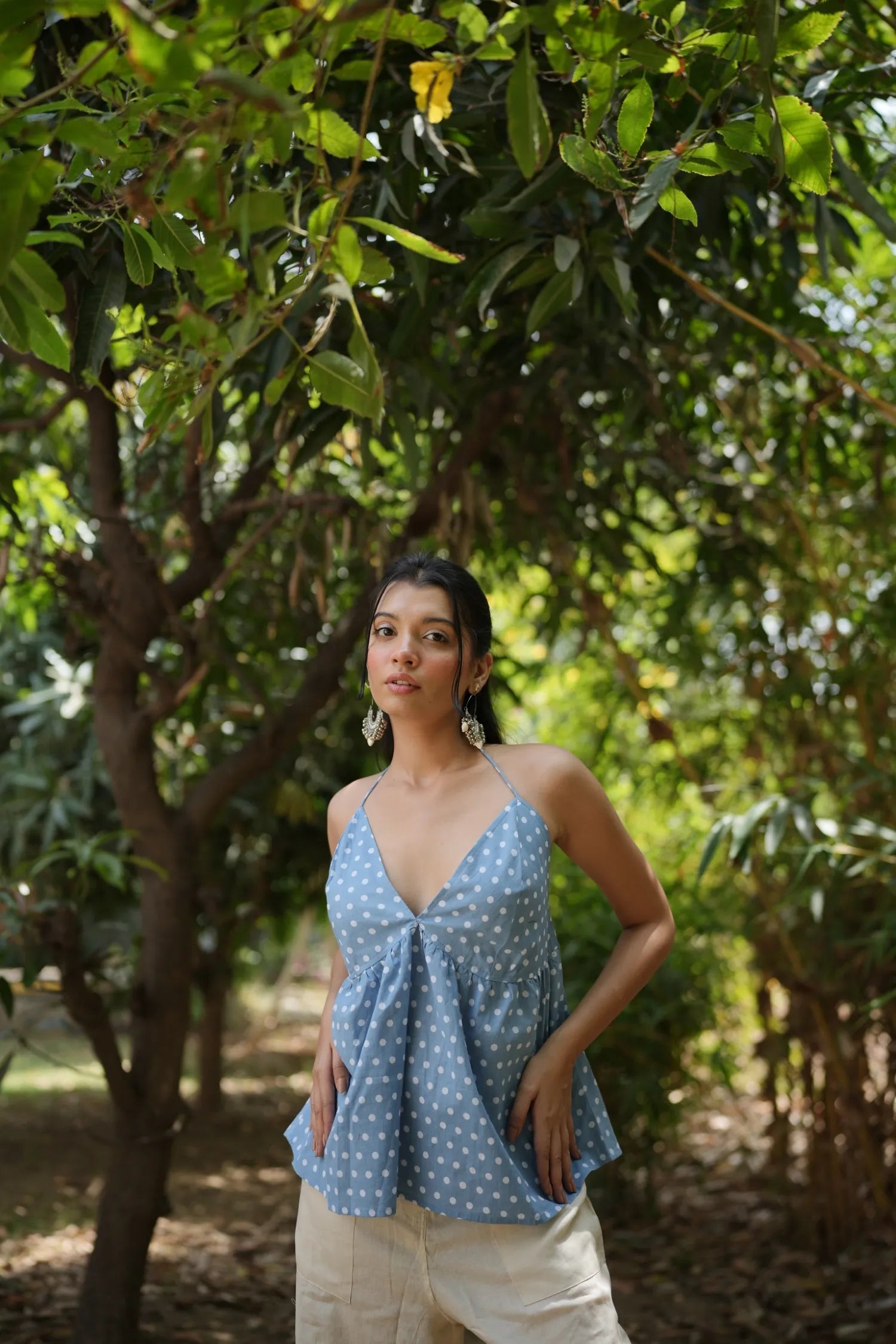 Sky Blue Polka Dot Halter Neck Top