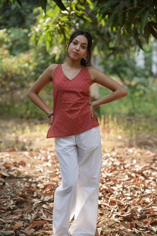 Red Motif Strap Top