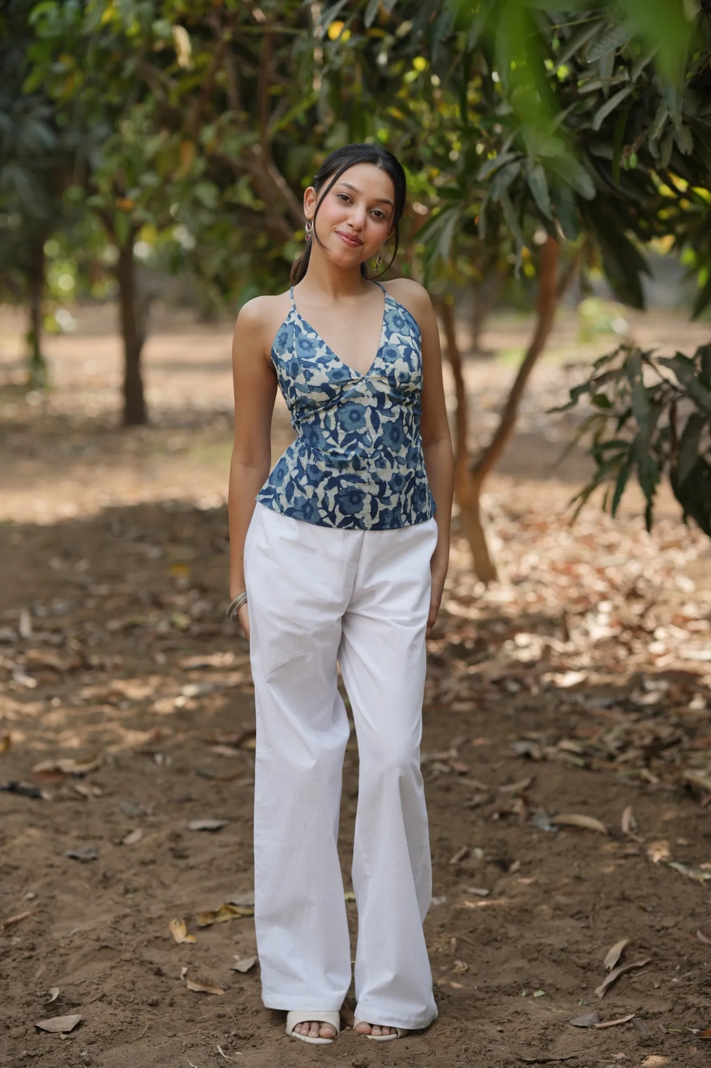 Indigo Floral Tie Back Top