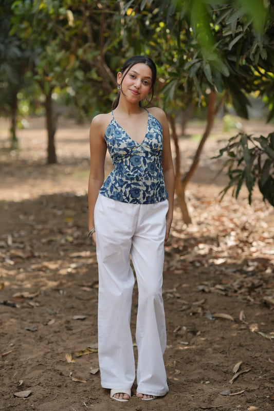 Indigo Floral Tie Back Top