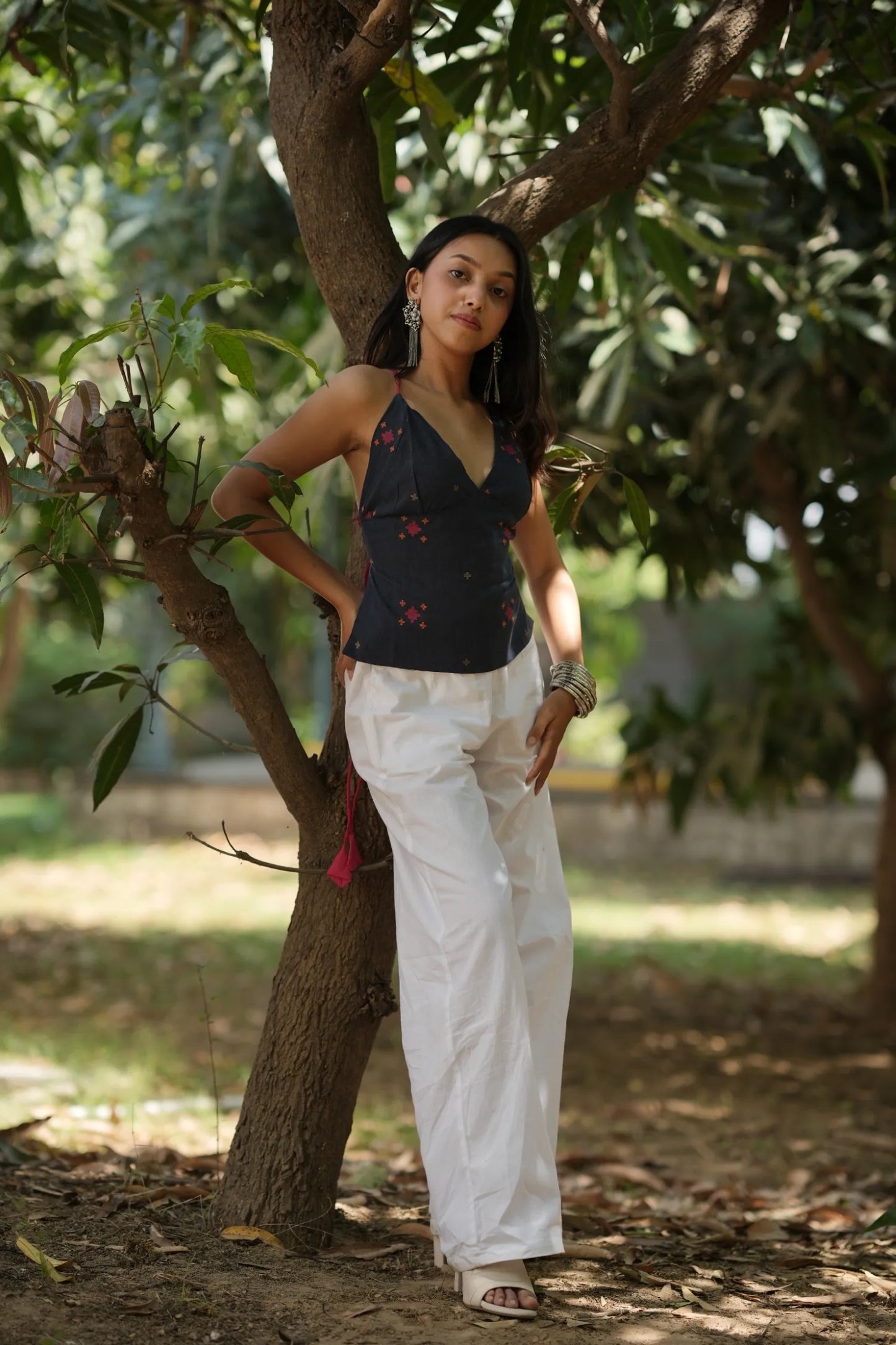 Navy Ikat Tie Back Top