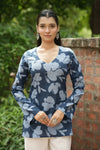 Blue Floral Print Bell Sleeve Kurti