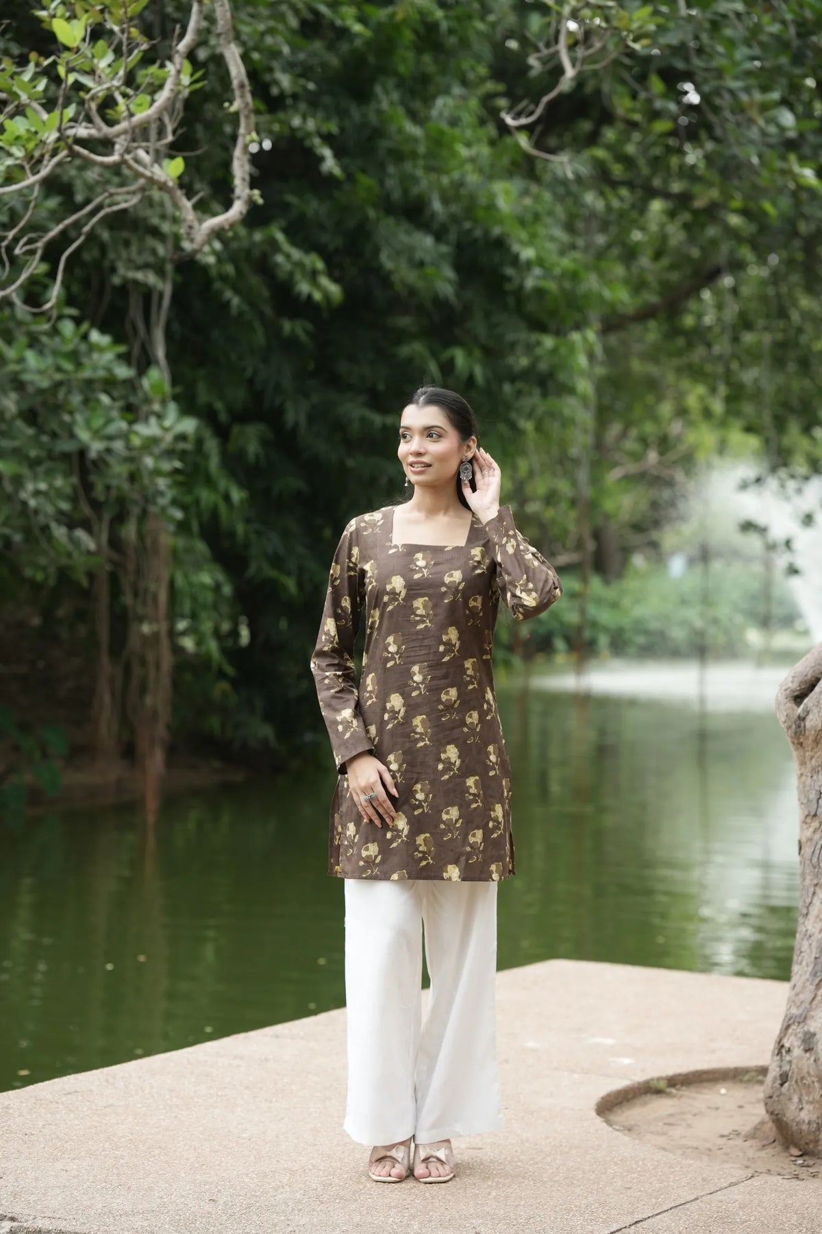 Brown Handblock Floral Print Kurti