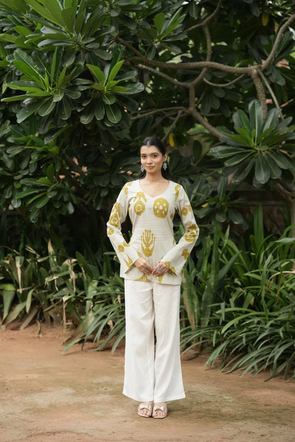 Cream Mustard Abstract Print Kurti
