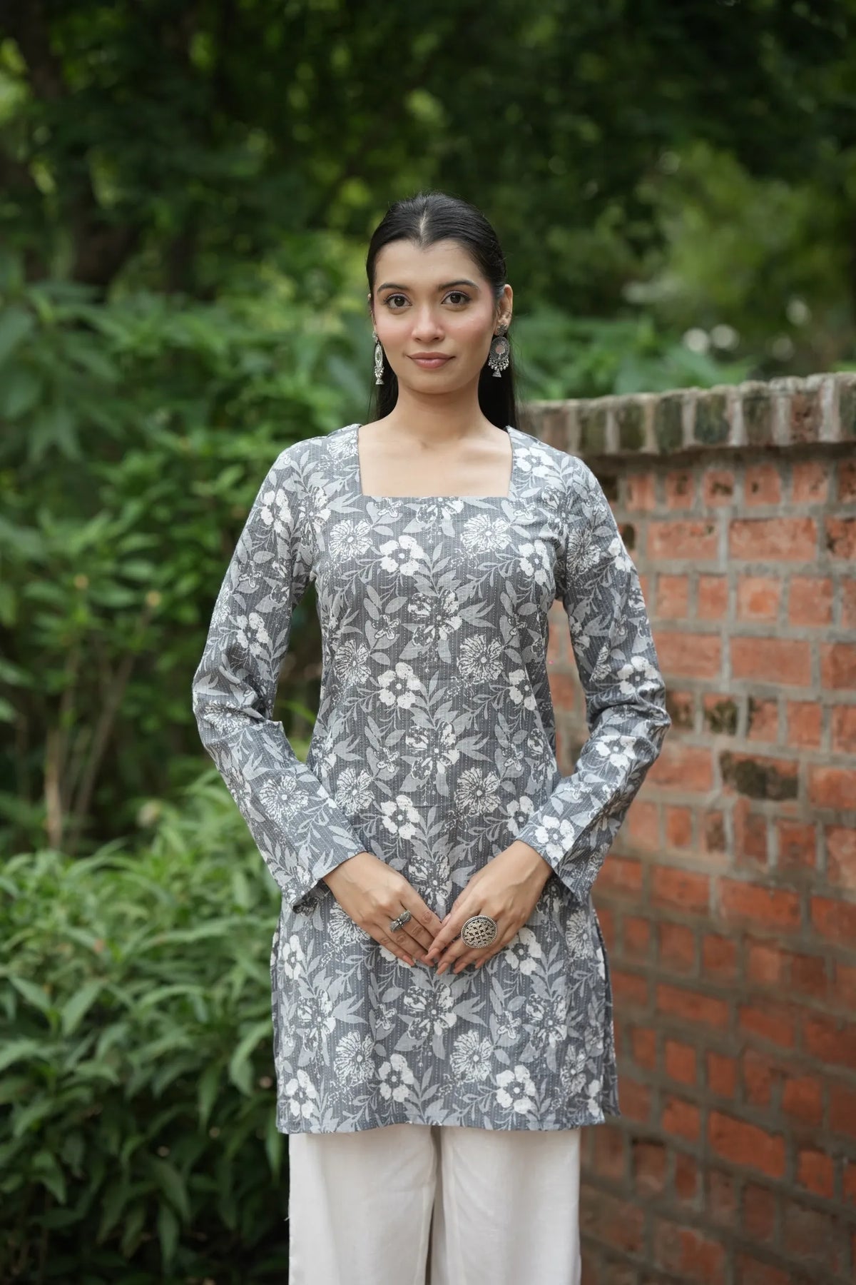 Grey White Floral Print Kurti