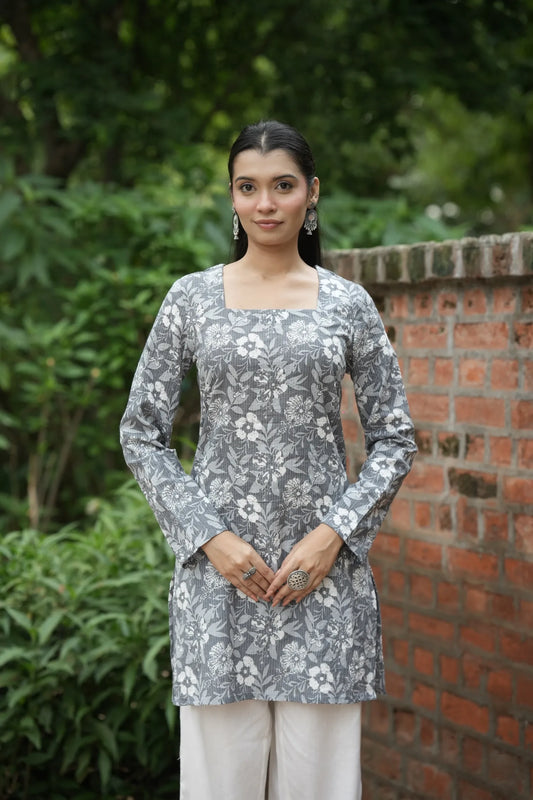 Grey White Floral Print Kurti