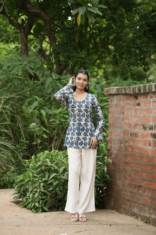 Ivory Navy Leaf Print Kurti