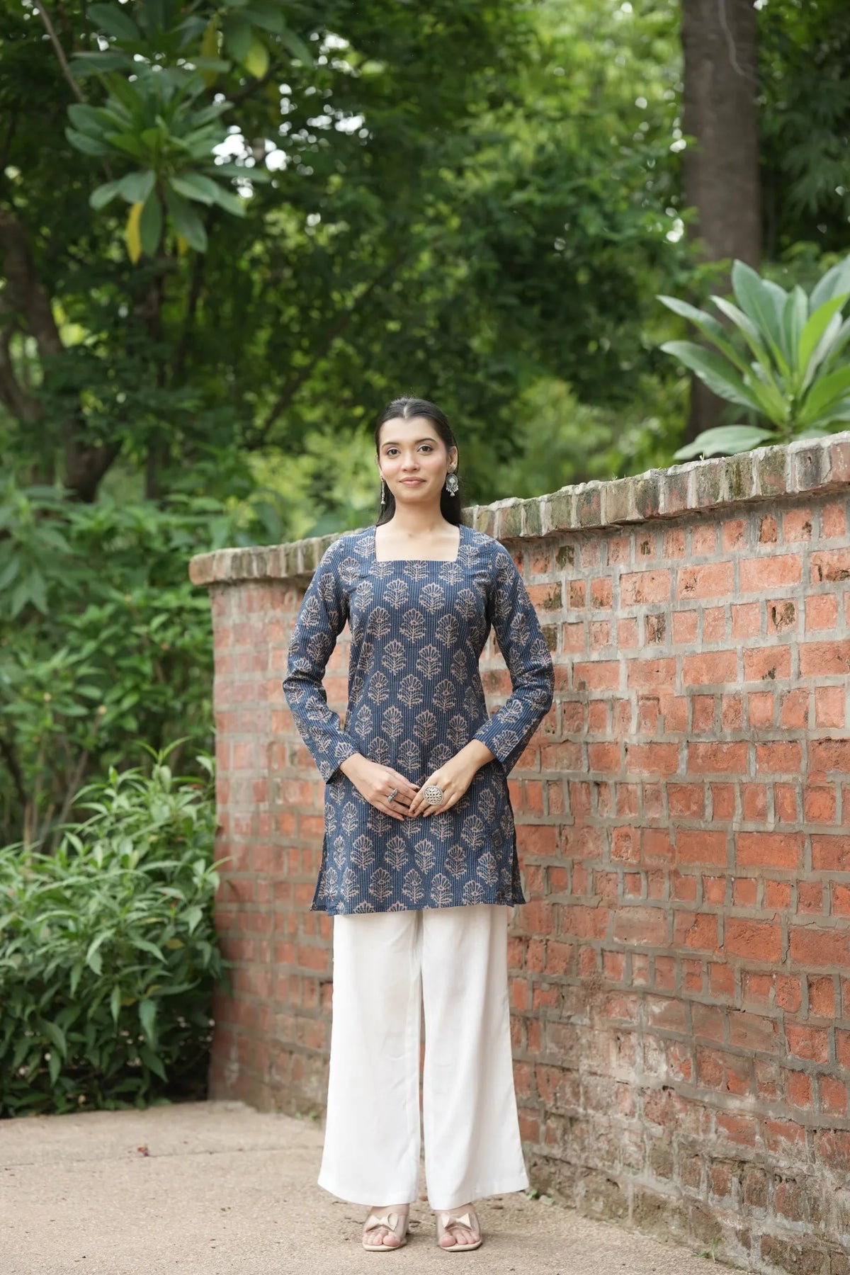 Navy Blue Buta Print Full Sleeve Kurti