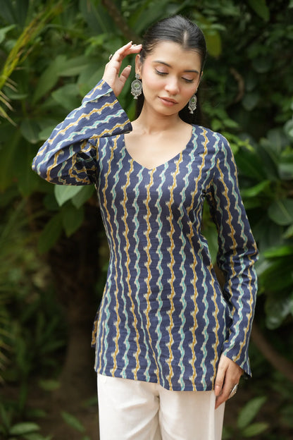 Navy Blue Wave Ikat Print Kurti