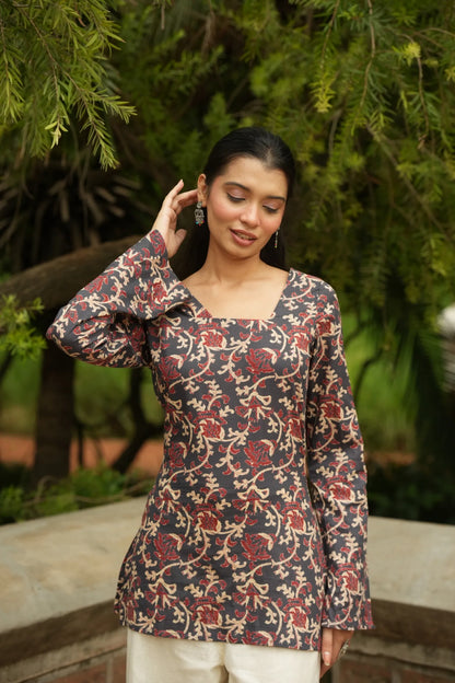 Navy Maroon Kalamkari Print Bell Sleeve Kurti