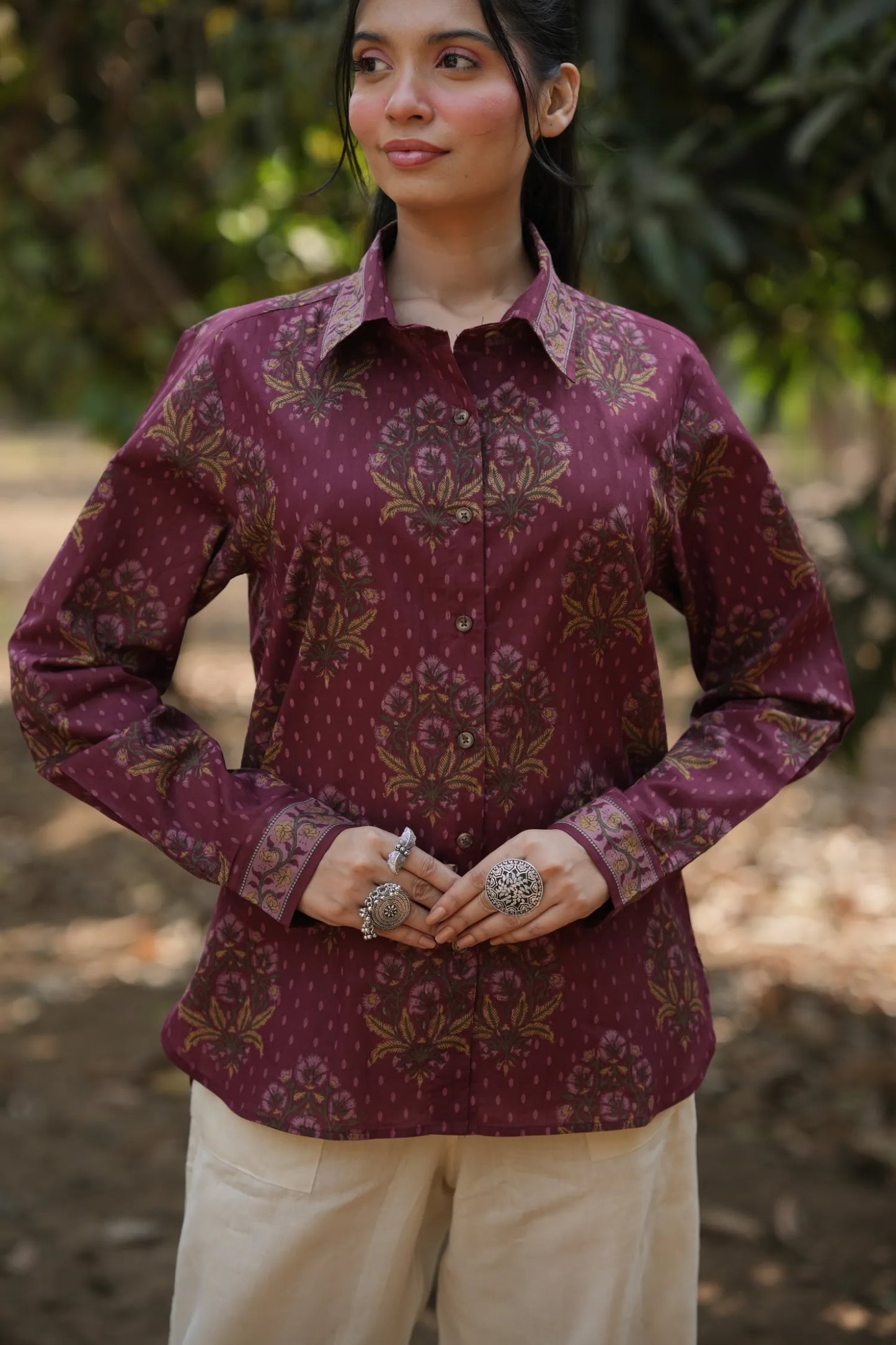 Wine Floral Cotton Shirt