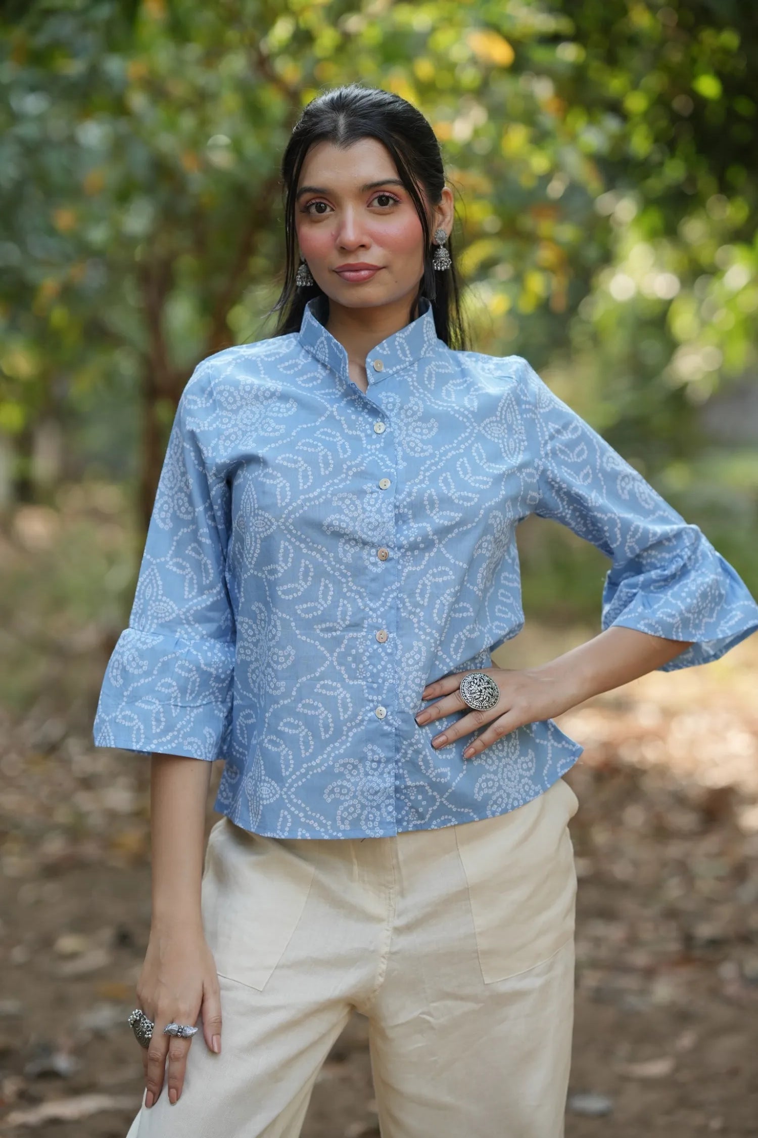 Sky Blue Bandhani Cotton Shirt