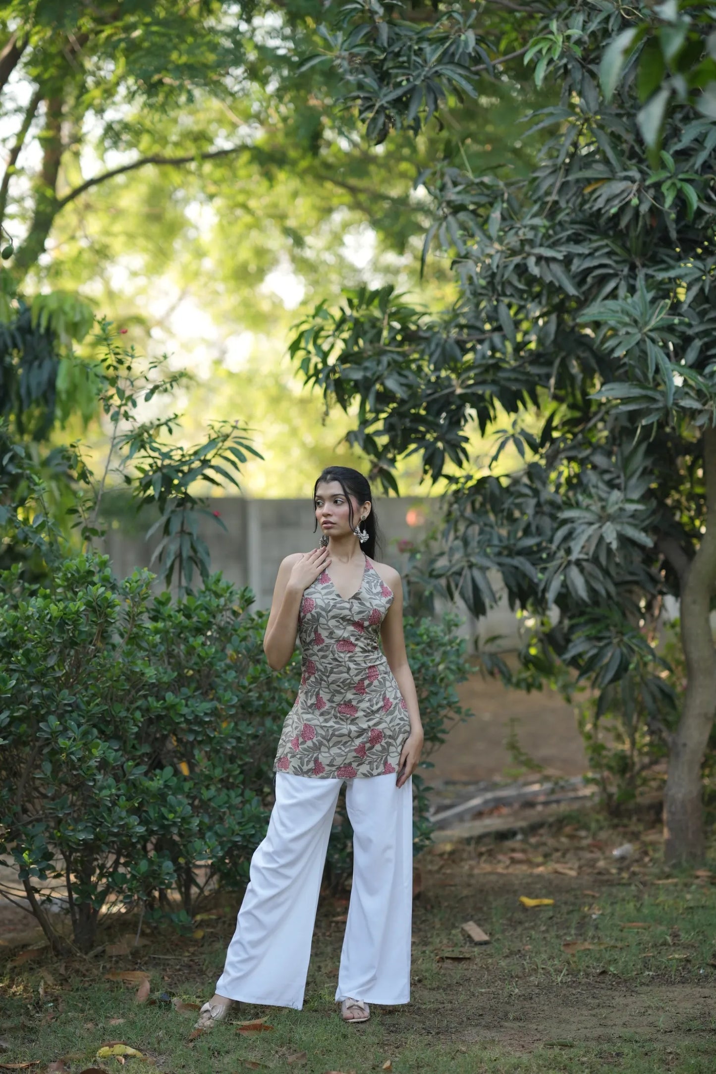 Pink & Beige Floral Halter Neck Corset Kurti