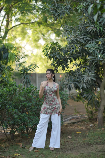 Pink & Beige Floral Halter Neck Corset Kurti