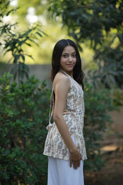 Ivory Beige Ikat Halter Neck Corset Kurti