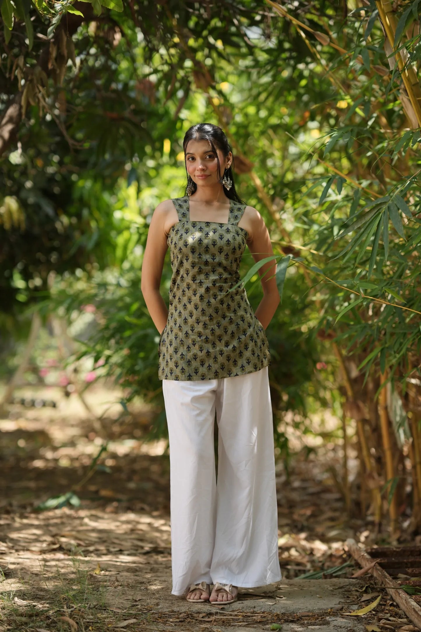 Olive Green Buta Sleeveless Corset Kurti