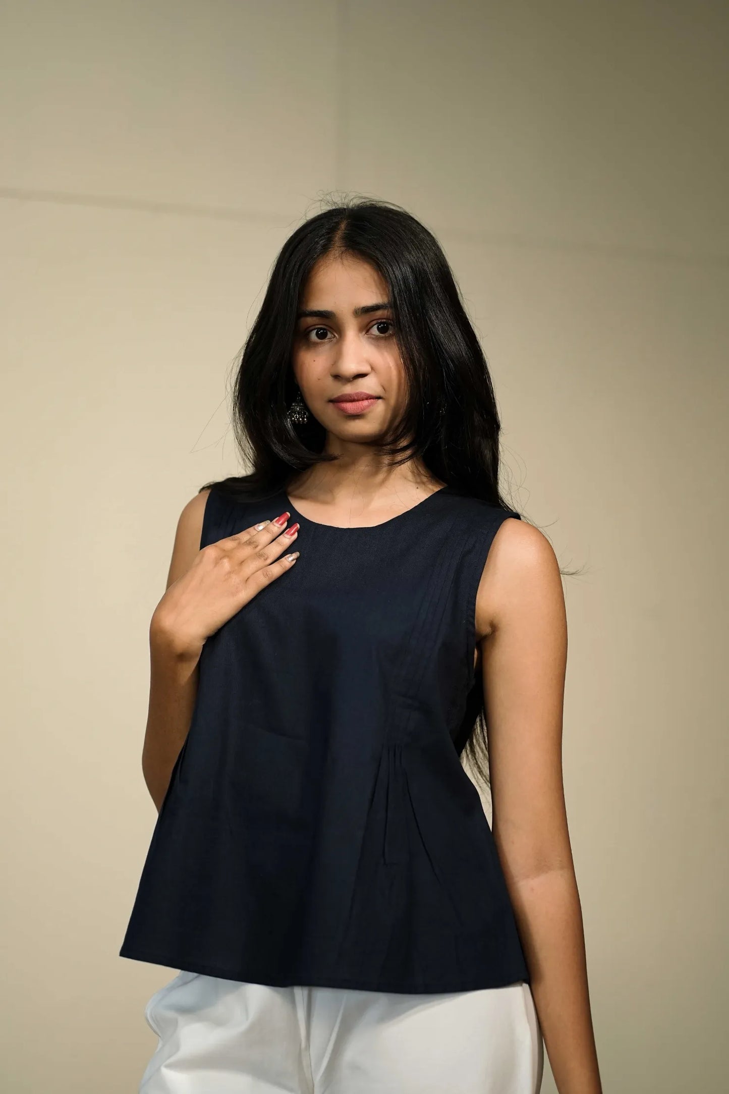 Navy Blue Handloom Cotton Sleeveless Top