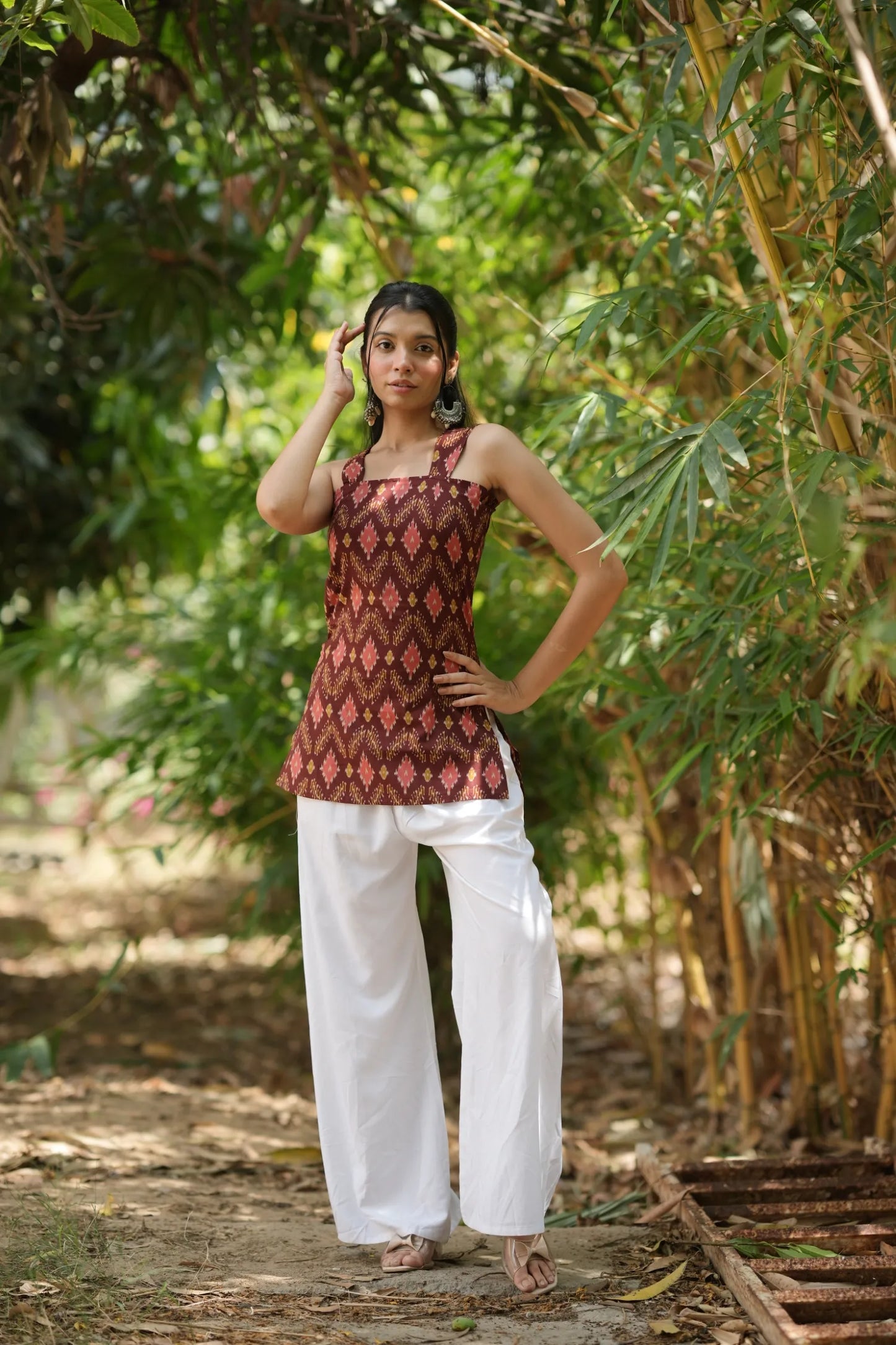 Rust Red Ikat Sleeveless Corset Kurti