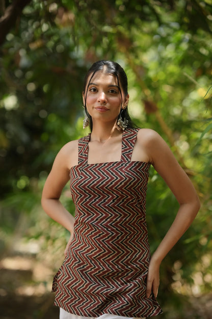 Brick Red Chevron Sleeveless Corset Kurti