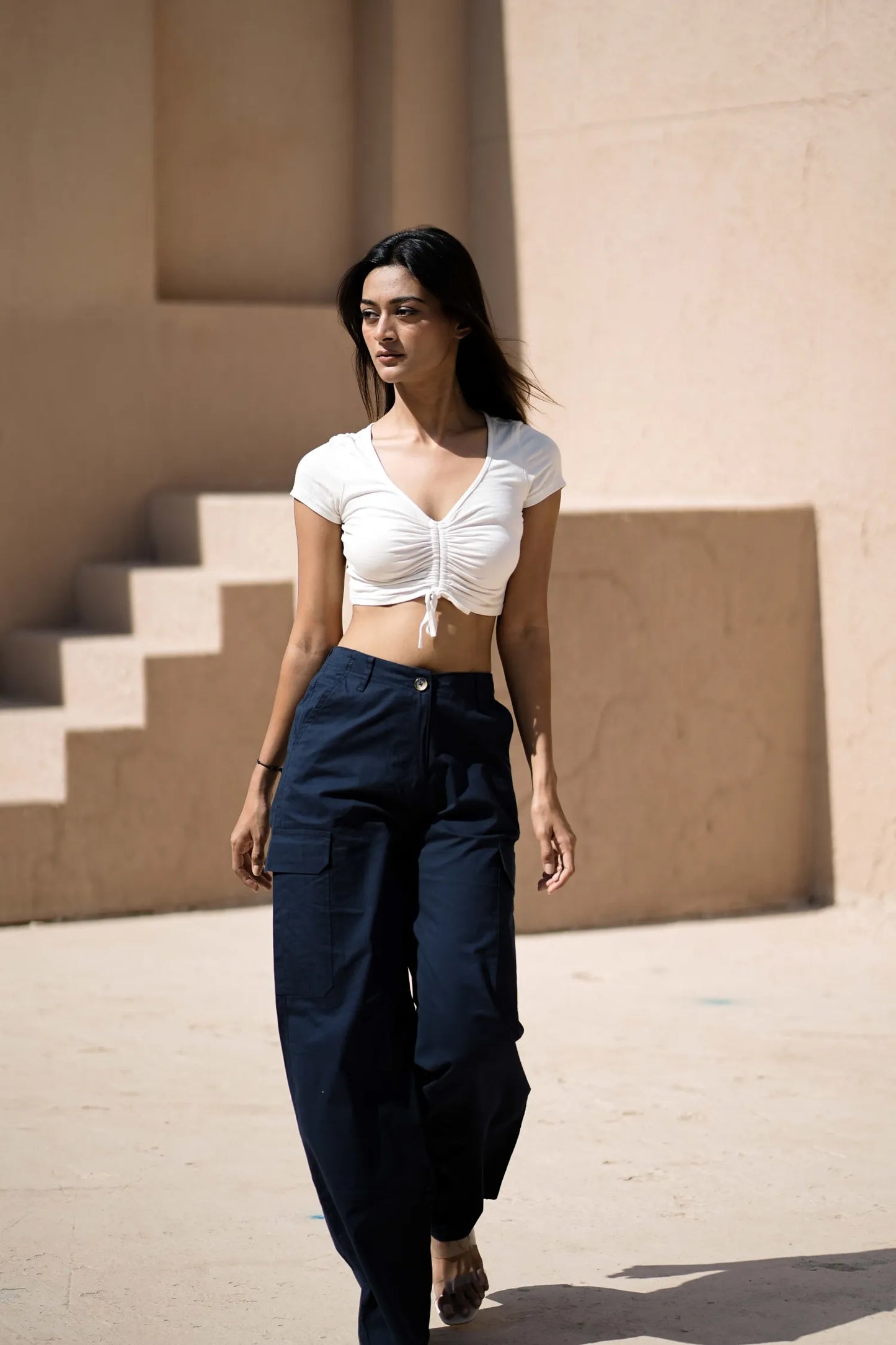 Women’s Wide-Leg Cargo Pants with Back Belt Navy