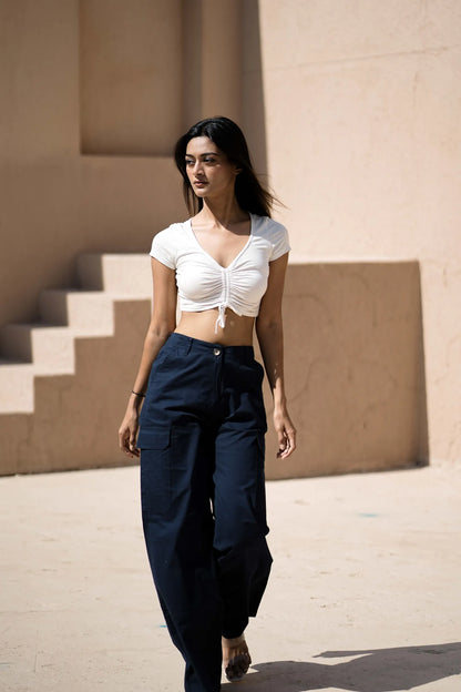 Women’s Wide-Leg Cargo Pants with Back Belt Navy