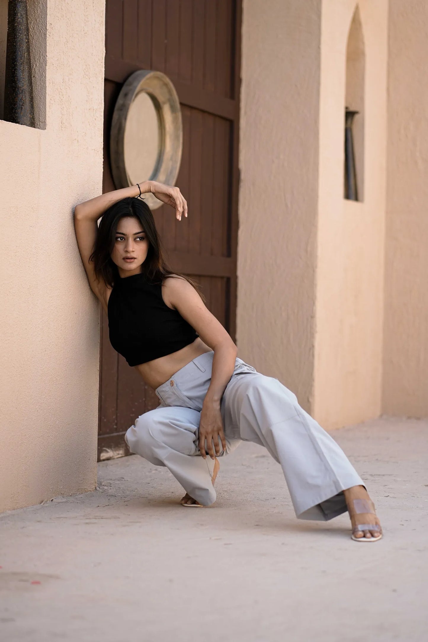 Women’s Wide-Leg Cargo Pants with Back Belt Ice Blue