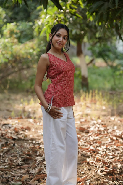 Red Motif Strap Top