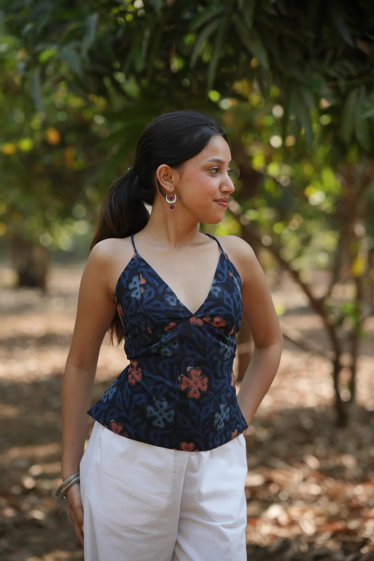 Navy Floral Tie Back Top