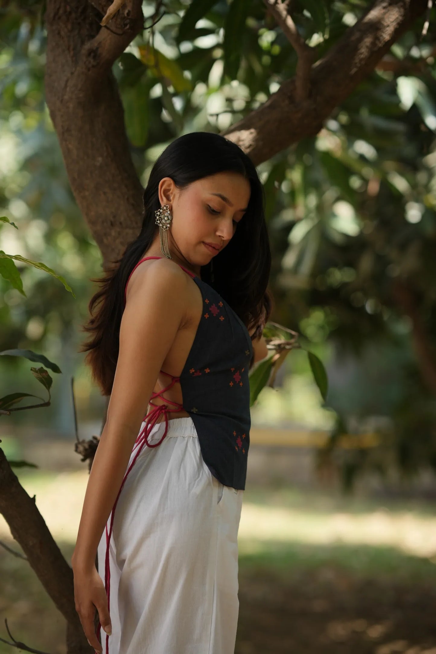 Navy Ikat Tie Back Top