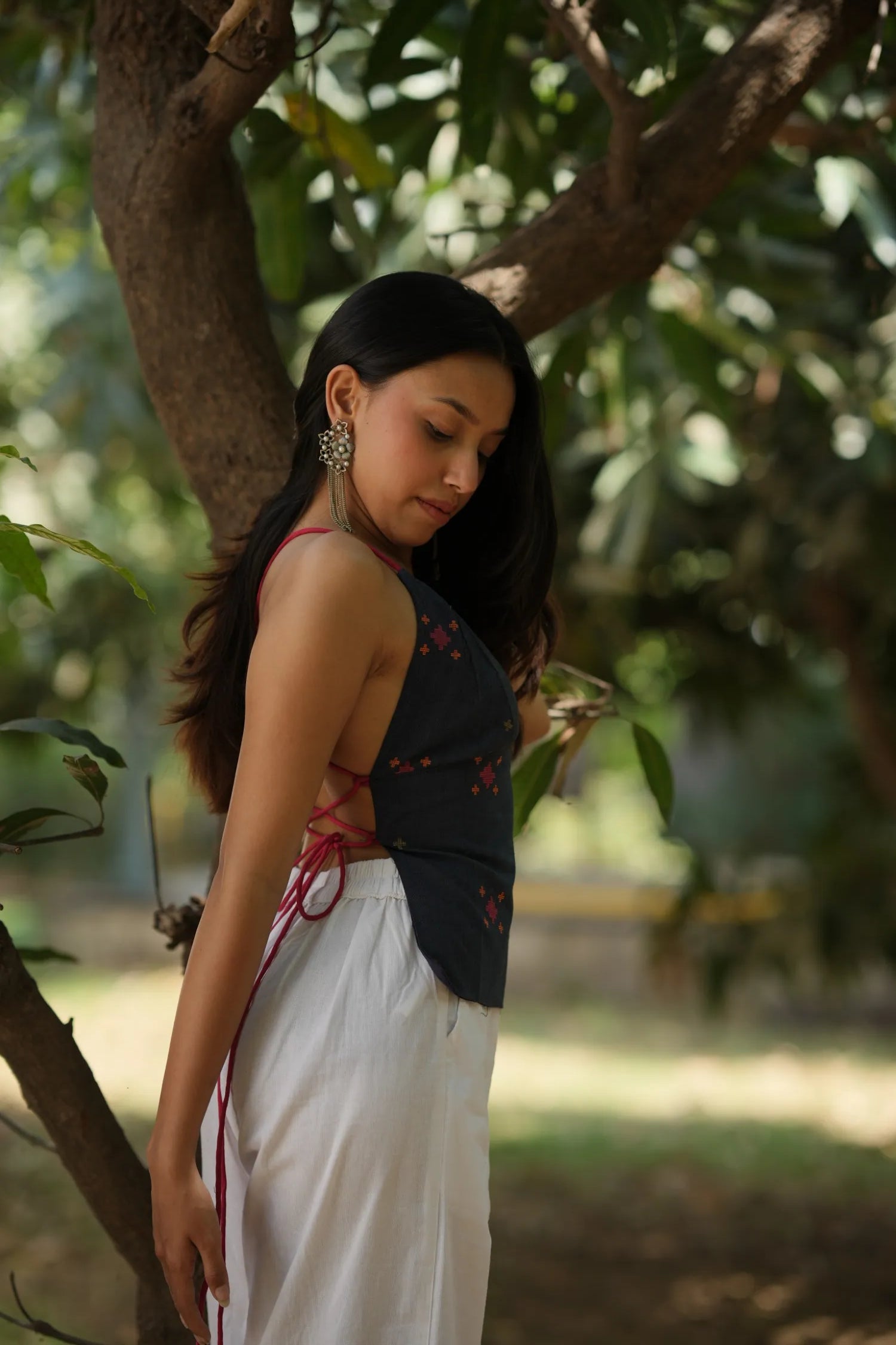 Navy Ikat Tie Back Top