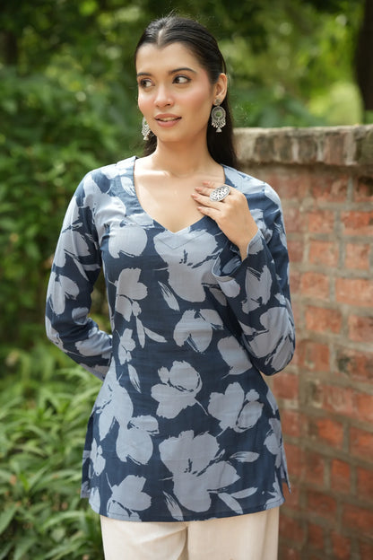Blue Floral Print Bell Sleeve Kurti