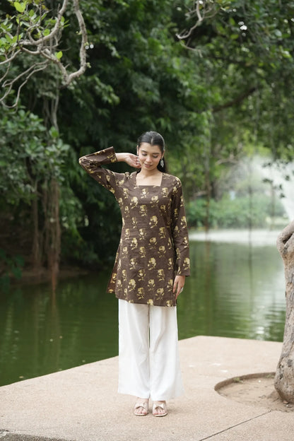 Brown Handblock Floral Print Kurti